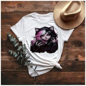 White or Black T-Shirt with Cat-Eared Character Design